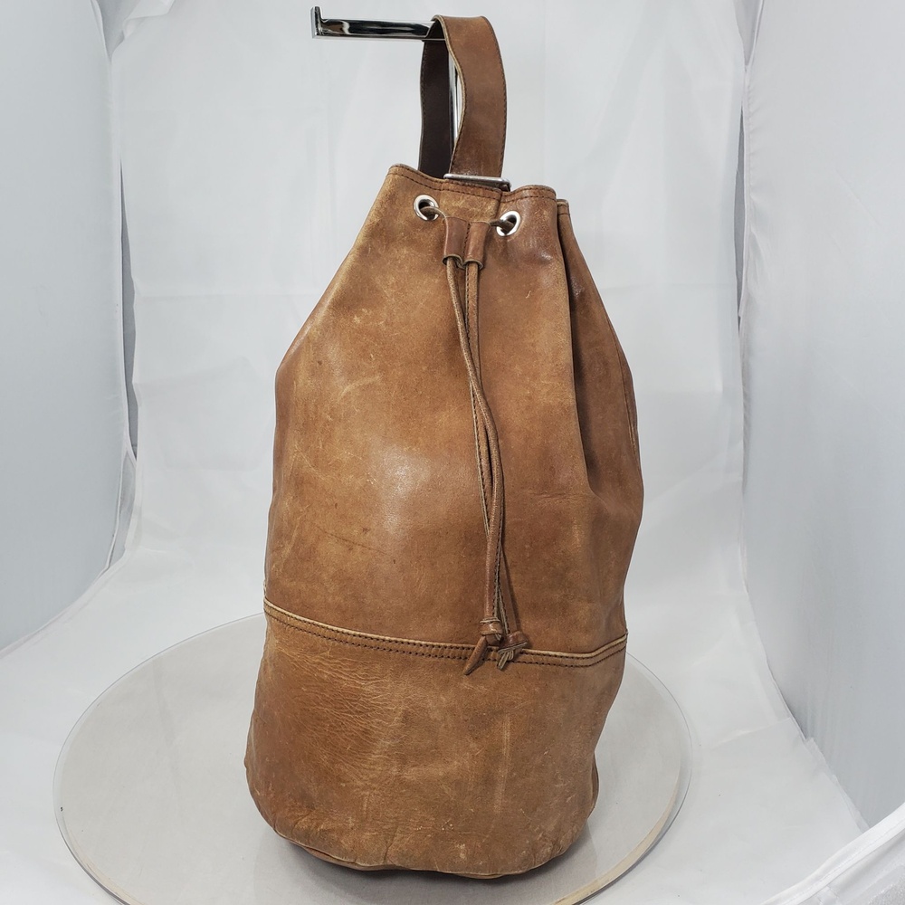 Vintage Rustic Distressed Leather Drawstring Duffle Bucket Bag Sling Rucksack